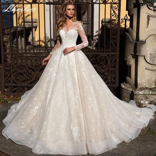Lhuilier Womens A Line Lace Wedding Dresses 2020 Elegant Scoop Neck High Waisted Full Sleeves Floor Length Bridal Gowns