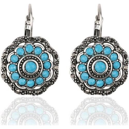 Bohemian Ethnic Resin Hoop Earrings brinco New Round Small Antique Silver-Color Earrings Women Acessorios