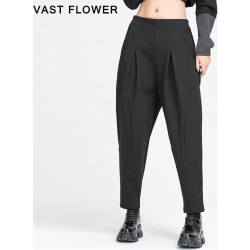 Patchwork Pleated Loose Harem Pants Women New 2020 Autumn Elastic Waist Black Pocket Fashion All Match Casual Ladies Trousers