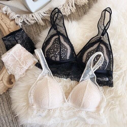 Wriufred Perspective lace vest lingerie set no bump sexy bra set push up women underwear no buckle bras beige and black colors