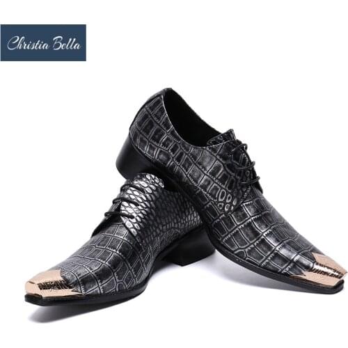 Christia Bella Large Size Formal Dress Shoes British Style Metal Toe Crocodile Pattern Brogue Shoes Men Lace Up Nightclub Shoes