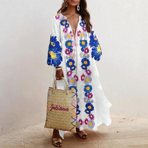 Spring Elegant Floral Print Tassel Long Party Dress Vintage Long Lantern Sleeve Ladies Dresses Women V Neck Casual Loose Dress