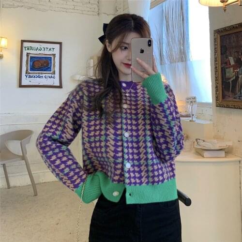 Casual Loose Houndstooth Cardigan Sweater Womens Sweaters Japanese Ulzzang Vintage Female Korean Harajuku Clothing For Women