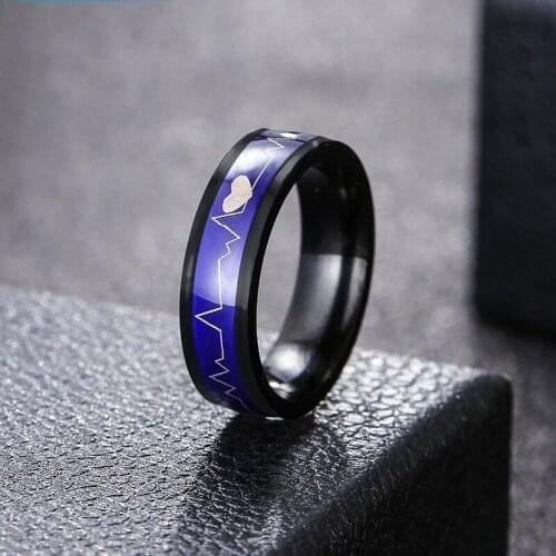 KSRA Jewelry Fashion Mens Ring Electrocardiogram Ring Thermochromic Electrocardiogram Titanium Steel Ring For Men