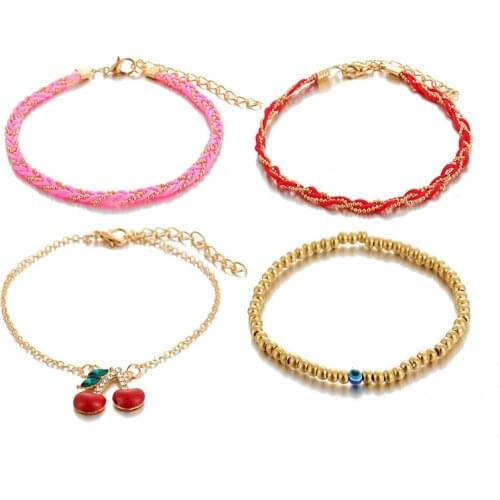 4Pcs/Set Fashion Crystal Cherry Anklet for Women Gold Color Sweet Fruit Foot Bracelet Woven Multilayer Foot Accessories Gift