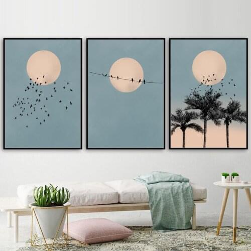 Sun Moon Bird Palm Tree Landscape Wall Art Canvas Painting Nordic Posters And Prints Wall Pictures For Living Room Wall Decor