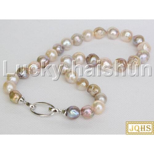 Natural 13mm string beaded round Multicolor Reborn keshi pearl necklace j12460