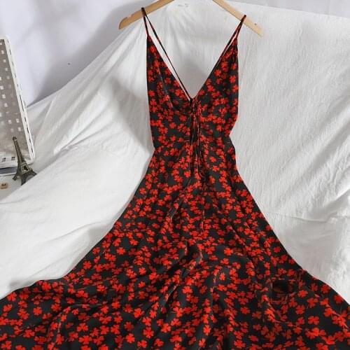 Abrini 2021 Summer Mid-Calf Slim Spaghetti Strap Slip Dress Sexy Backless Summer Dresses Printed Sleeveless Robe Femme Vestidos