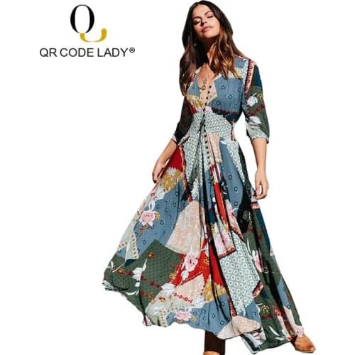 QR Spring Summer Dress Women 2019 Casual Print Boho Beach Maxi Dresses Female Sexy Deep V Neck Split Ball Gown Long Party Dress