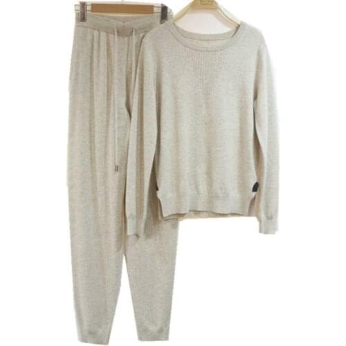 2019 Sale Spring High-end Cashmere Suits Simple And Elegant Solid Color Ladies Sweater Trousers Knitted Two-piece Suit Women