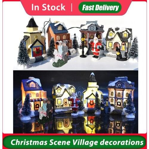 Christmas Glowing Small House Decorations Christmas Trees Santa Doll Figurine House Village Building Set For Children Gift