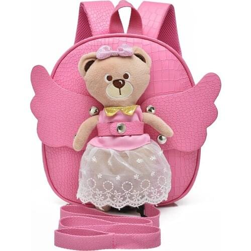 Cute Angel Bear Anti-lost School Bags For Girls Leather PU Baby Girl Backpack Kindergarten Bags Childrens Gifts For Age 1-3