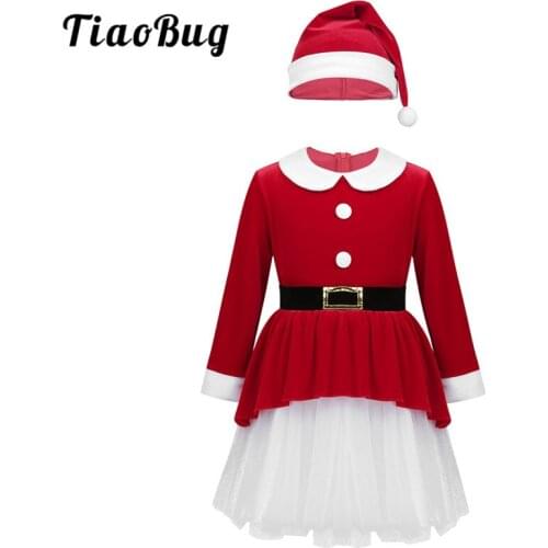 TiaoBug Kids Xmas Costume Long Sleeves Red Soft Velvet Mesh Splice Holiday Party Santa Roleplay Girls Christmas Dress Hat Set