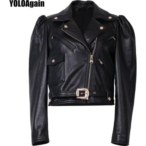YOLOAgain Spring Women Puff Sleeve Short Genuine Leather Jacket