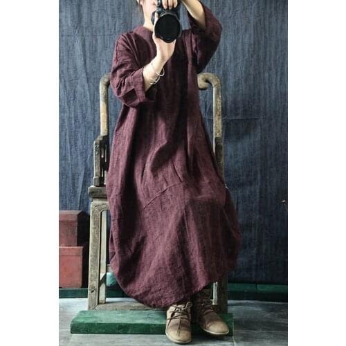 Women 2020 Spring Autumn Cotton Linen Jacquard Dress Robes Ladies Vintage Loose Vintage Retro Robe Dresses