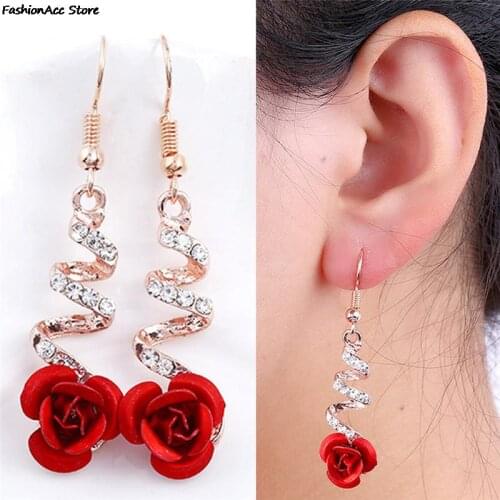 1Pair Korea Fashion Lovely Temperament Crystal Red Rose Flower Dangle For Wedding/Party Bridal Earring Drop Earring