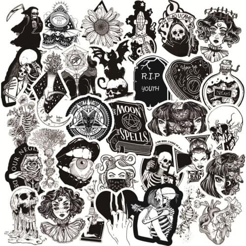 50Pcs Black and White Gothic style girl and skull Stickers Graffiti Sticker for Laptop Luggage Car Styling Guitar LD 2020