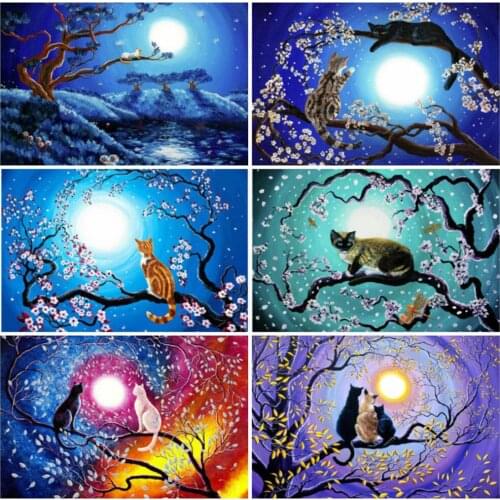 EverShine 5D Diamond Painting Full Square Drill Cat Cross Stitch Diamond Mosaic Animal Picture Rhinestones Moon Bead Embroidery