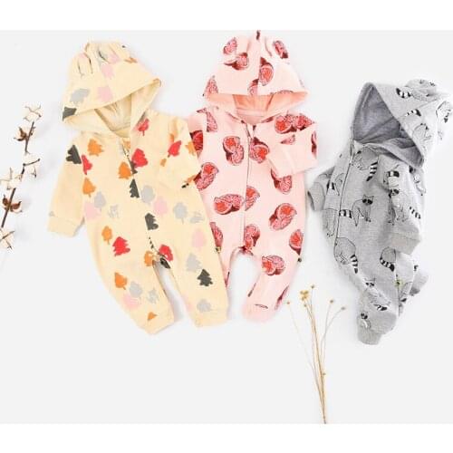 Baby Rompers Newborn Hooded Long Sleeve Jumpsuits Clothes Zipper Up Toddler Kids Overalls Cotton Infant One Piece Outfits 0-18M