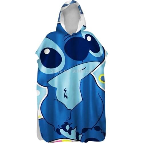 Disney Blue Stitch Cosplay Hooded Bath Towel Beach Baby Girls Boys Fleece Bath Towel Wrap Bathrobe Cute Cartoon Pajama Sleepwear