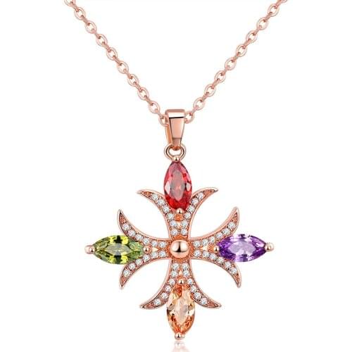 FYM High Quality Rose Gold Color Cross Flower Shape AAA Cubic Zirconia Boho Necklaces & Pendants For Women Party