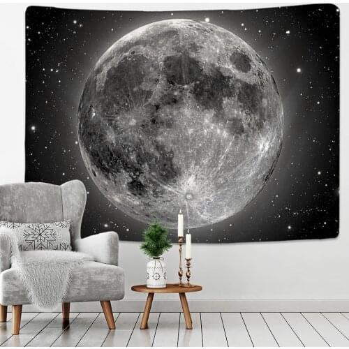 Black and White Moon Tapestry Starry Sky Printing Tapestry Wall Beach Blanket Picnic Yoga Mat Living Room Decor
