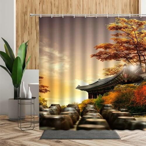 Classical Building Shower Curtain Chinese Landscape Picture Bathroom Decor Waterproof Fabric 3D Retro Scenery Curtains With Hook