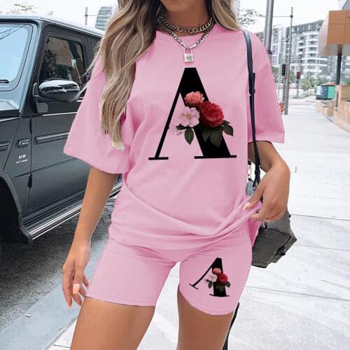 Women Two Piec Set Letter T Shirts And Shorts Set Summer Short Sleeve O-neck Casual Joggers Biker Shorts