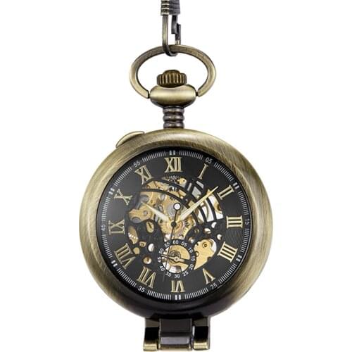 Stand on Table Mechanical Pocket Watch for Men Vintage Skeleton Roman Numeral Reloj Flip Fob Chain Pendant Mechanisch zakhorloge