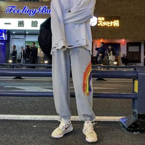 Male Japanese Streetwear Sweatpants Men Rainbow Black Cotton Joggers Pants 2021 Spring Casual New Arrival Harem Pants