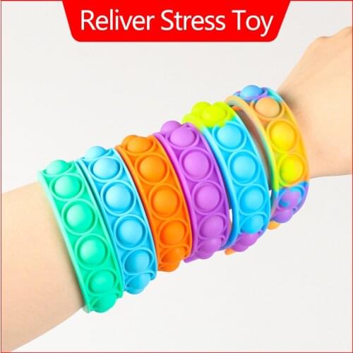 Soft Silicone Stress Reliever Toy Bracelet Rainbow Push Bubble Fidget Toy Sensory Squishy Squeeze Toys for Children Adults Gifts