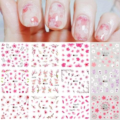 12pcs Pink Flower Design Nail Water Stickers Cherry Blossoms Decals Leaf Tree Summer DIY Manicure Nail Art Decoration Sliders