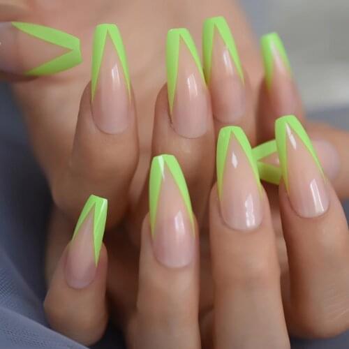 Neon Fake Nails Nude French Nail Extra Long Ballerina Green V Shape Faux Ongles with Adhesive Glue Sticker 24