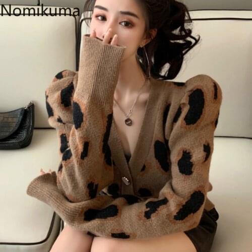 Nomikuma Vintage Leopard Knitted Cardigan Coat Causal Puff Long Sleeve V-neck Sweater 2020 New Women Knitwear Jacket 6D728
