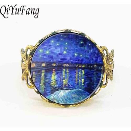 Charm Van Gogh Art Ring Starry Night Over The Rhone steel Glass Ring steampunk picture rings adjustable hot 1pcs/lot vintage