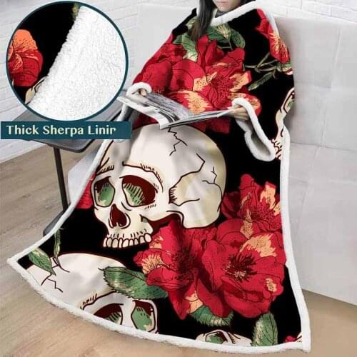 Lannidaa 3D Printed Rose Skull Blanket For Adults Sofa Bed TV Blanket Thick Fleece Office Travel Plane Sleeves Nap Throw Blanket