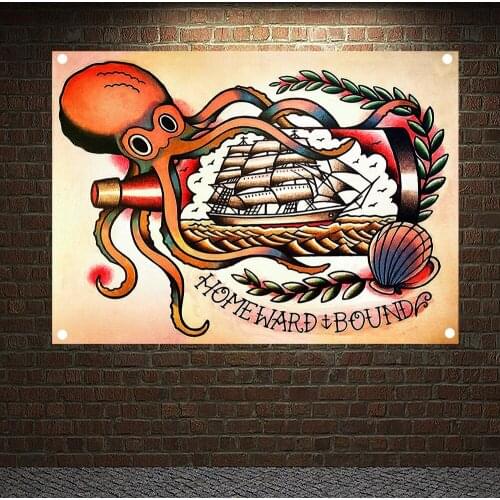 Octopus and Ship in a Bottle Old School Tattoo Banners Wall Art Retro Posters Canvas Painting Flag Sticker Tapestry Home Decor