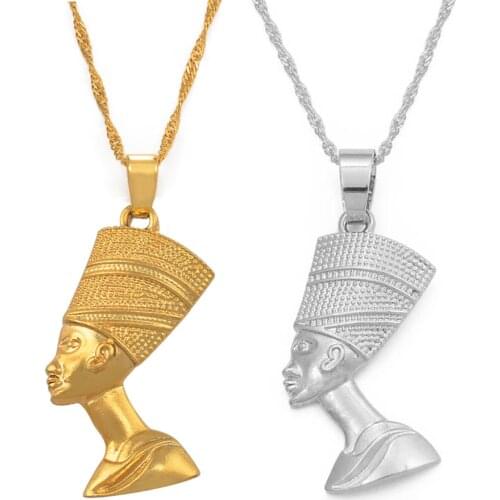 Anniyo Egyptian Queen Nefertiti Pendant Necklaces for Women Girls Jewelry Gold Color Wholesale African Jewellery #216906