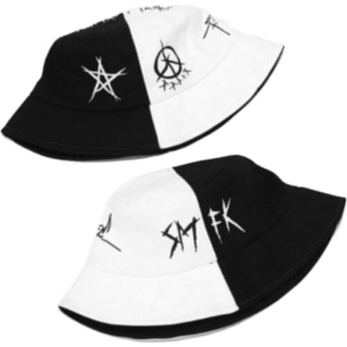 Bucket-Hats Star Eye Graffiti Printed Patchwork Sunscreen Panama Hat Cotton Fashion Black White Harajuku Hip Hop Fisherman Cat