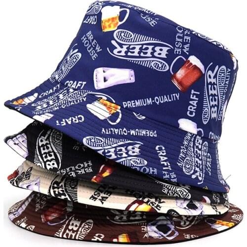 Reversible Bucket Hats Letter Beer Printing Unisex Sunscreen Men Women Panama Hat Cotton Fashion Hip Hop Fisherman Hats