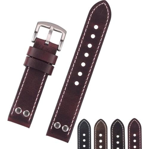 EACHE Oil Waxed Calf Leather Watch Band With Rivet Design 20mm 22mm 24mm Black Brown Red Blue