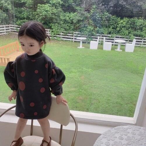 Girls' sweater autumn 2021 new Korean childrens dot bubble sleeve medium long kids clothes boys