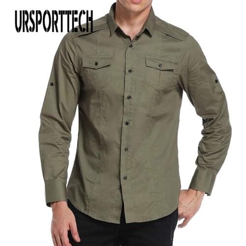 URSPORTTECH Shirt Men Casual Military Shirt Male Long Sleeve High Quality 100% Cotton Camisa Social Masculina Plus US Size S-XXL