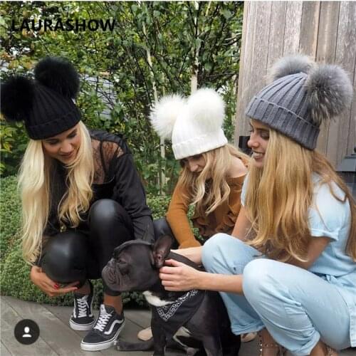 LAURASHOW Adult Winter Brand Cap 16cm Double Real Fur Ball Pom Poms Hat For Lady Hat Knitted Cap Hat Skullies Women Beanies