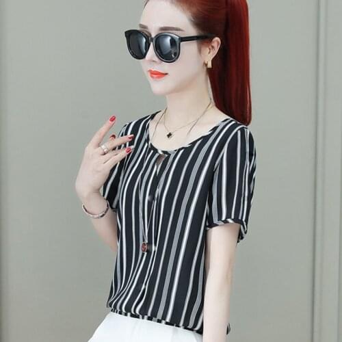 Women Spring Summer Style Chiffon Blouses Shirts Lady Casual Short Sleeve O-Neck Striped Printed Blusas Tops ZZ0338