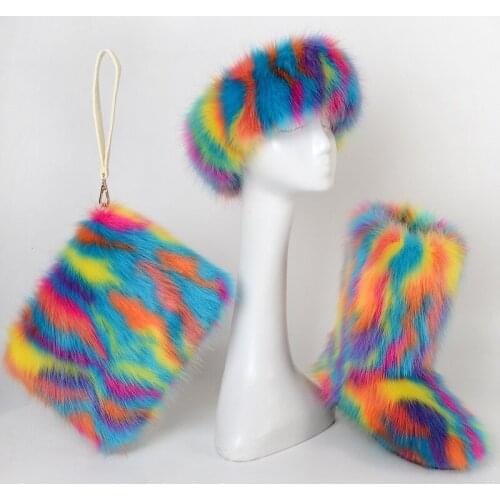 Womans Faux Fox Fur Snow Boots Headband Clutch Bag Three Piece Winter