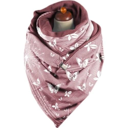 Women Winter Thicken Warm Large Triangle Scarf with Clip Butterfly Printed Solid Color Shawl Wrap Snood Blanket Poncho