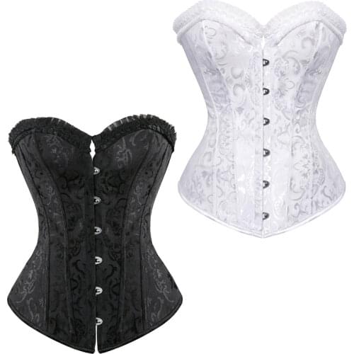 Womens Gothic Bridal Corsets and Bustiers Steel Boned Overbust Corset Sexy Lingerie Corset Top Plus Size S-6XL Black White