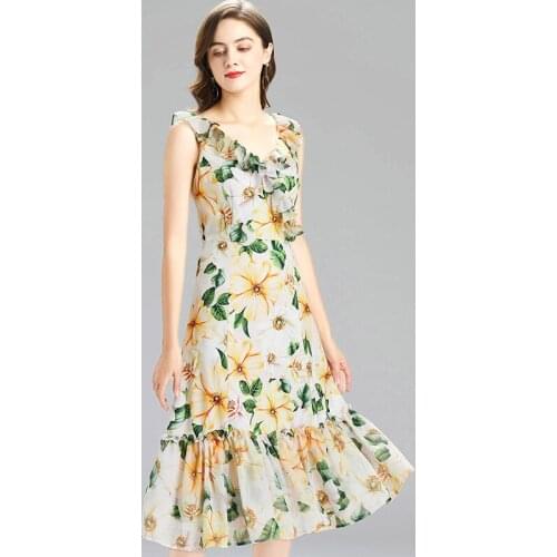 Yellow Floral Print Summer Midi Dress Women Ruffles Sleeveless High Waist Party Dress Beach Boho Backless Runway Plus Size k353