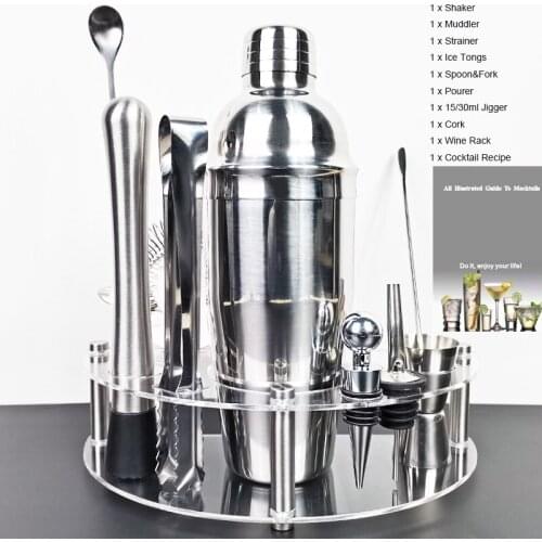 450/550/600/750ml 1-12 Pieces Stainless Steel Cocktail Shaker Barware Kit Martini Shakers with Stand + Drink Recipe
